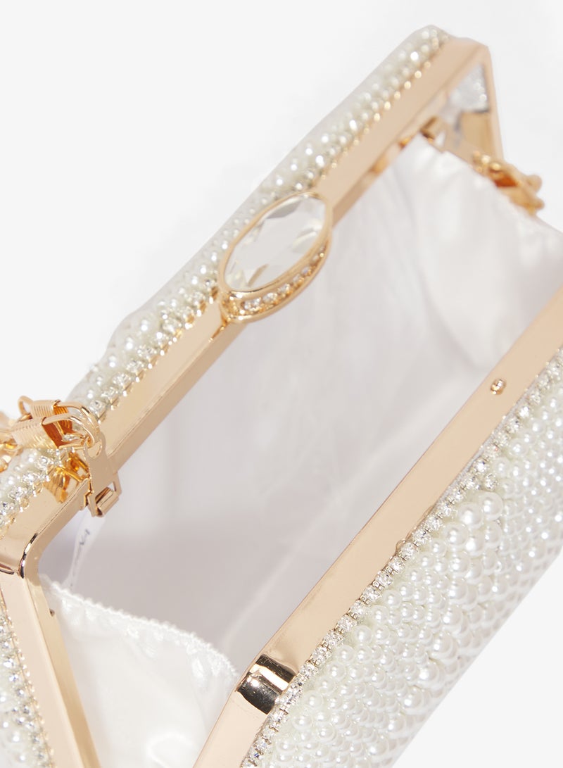 Khizana Pearl Detailed Embellished Gold Accent Clutch - Image 4